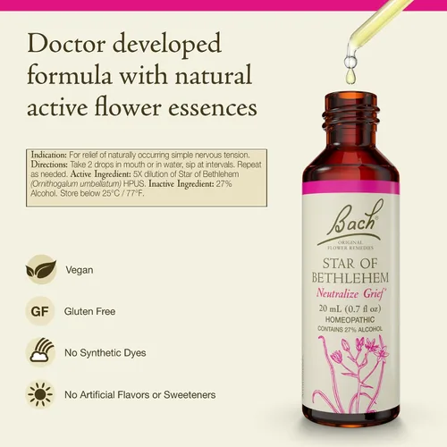 Vista 2 de Bach Remedios florales originales, Estrella de Belén - Gotero de 0.7 fl oz, paquete de 2 - Neutraliza el dolor - Esencia floral homeopática natural