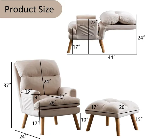 Vista 2 de INZOY Sillas Accent con Otomano, Sillón de Terciopelo Moderno con Respaldo Ajustable, Cómoda Silla de Salón para Sala de Estar Dormitorio, Crema