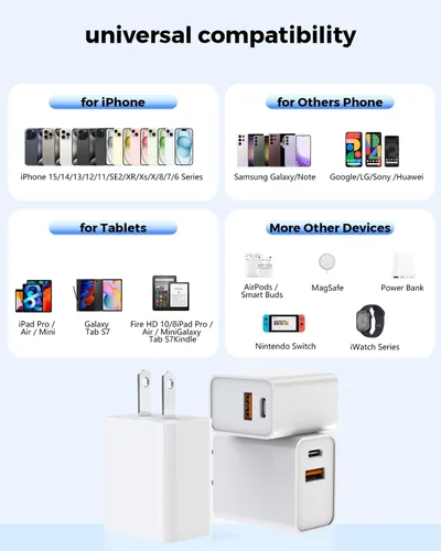 Vista 7 de Paquete de 3 cargadores de pared USB C de Apple, adaptador de corriente de 20W iPhone 17/16 de doble puerto QC + PD 3.0, bloque de carga rápida