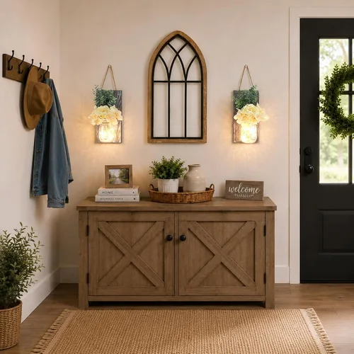 Vista 27 de Decoración rústica de madera para colgar en la pared con tira de luces LED para sala de estar y dormitorio modernos, estilo campestre inspirador