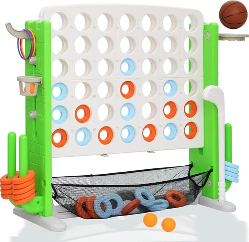 Vista 8 de Juego gigante 4 en una fila, juego de patio jumbo de ajuste de altura para niños y adultos con bolsa de captura de malla, golf, aro de baloncesto