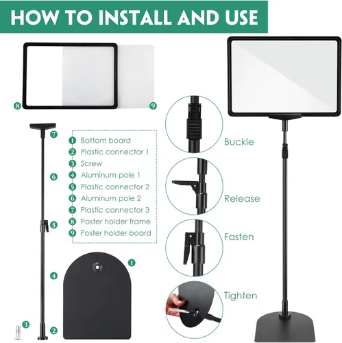 Vista 2 de Jutom Paquete de 2 soportes de pedestal ajustables de 8.5 x 11 pulgadas, soporte de aluminio resistente para letreros verticales y horizontales Negro
