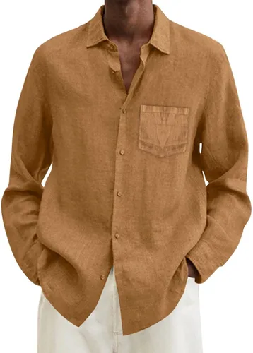 Vista 11 de Camisa de algodón y lino para hombre, talla grande, ajuste holgado, manga larga, cuello abatible, casual, tops de verano
