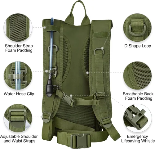 Vista 4 de NOOLA Mochila de hidratación con vejiga de agua de TPU de 3 L, mochila táctica de agua Molle para hombres y mujeres, paquete de hidratación