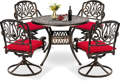 Vista 7 de TITIMO Juego de comedor, muebles de exterior, 5 piezas, para todo tipo de clima, aluminio fundido