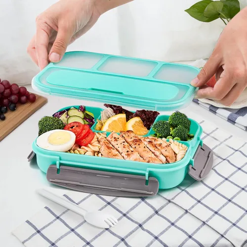 Vista 8 de Okllen Paquete de 3 loncheras Bento con cuchara y 4 compartimentos, recipientes de plástico para preparación de comidas con tapas, contenedor