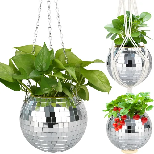 Vista 9 de Maceta de bola de discoteca, 1 maceta de bola de discoteca plateada de 10 pulgadas, colgador de plantas de bola de discoteca con cuerda para colgar