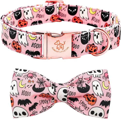 Vista 29 de Elegant little tail - Collar de otoño para mascotas con corbatín, lindo collar de Halloween con estampado de flores y calabaza para cachorros