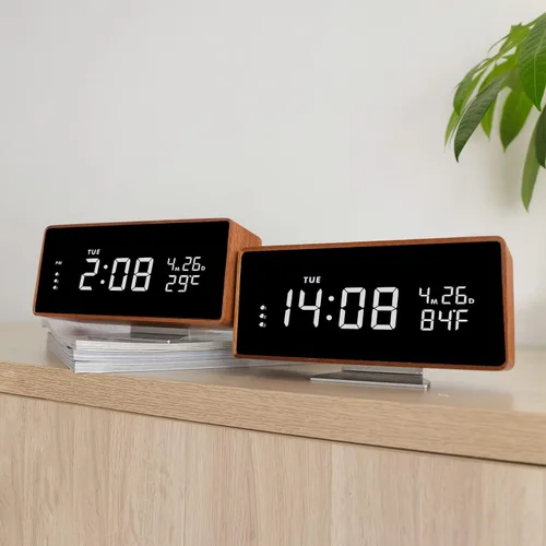 Vista 6 de Reloj despertador digital de madera con altavoz Bluetooth, fecha de temperatura, relojes digitales eléctricos inteligentes, relojes de noche con luz