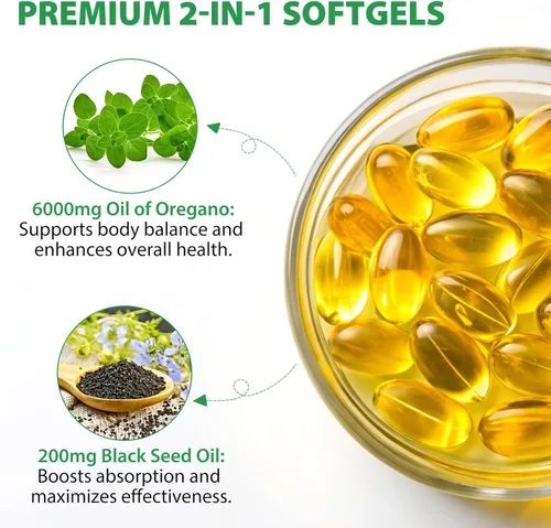 Vista 2 de Cápsulas blandas de aceite de orégano silvestre con aceite de semilla negra, 6,000 mg por porción, 120 cápsulas, a base de plantas, sin OMG y alto