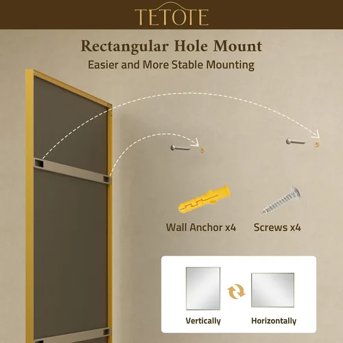 Vista 9 de TETOTE Espejo de baño dorado cepillado de 20" x 30", espejo de tocador de baño rectangular de latón dorado cepillado con marco biselado para sobre