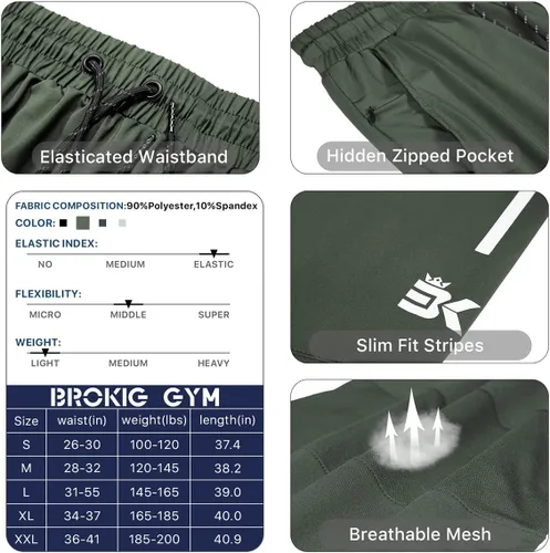Vista 33 de BROKIG Pantalones deportivos ligeros para hombre, elásticos, de secado rápido, con bolsillos con cremallera