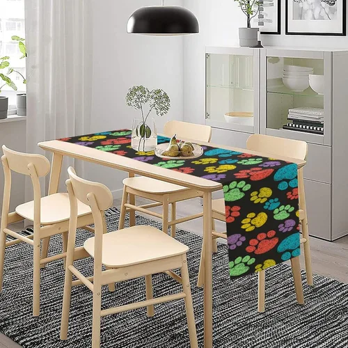 Vista 7 de Camino de mesa con diseño de patas de perro, lindo animal con estampado de patas de cachorro, decoración de fiesta de cumpleaños, casa de campo