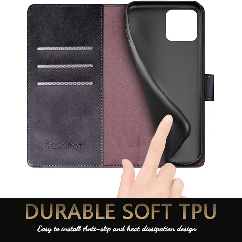 Vista 6 de SUANPOT Funda tipo cartera para iPhone 13 Pro Max 6.7 5G con bloqueo RFID, tarjetero y tarjetero, de piel sintética, a prueba de golpes, para Apple