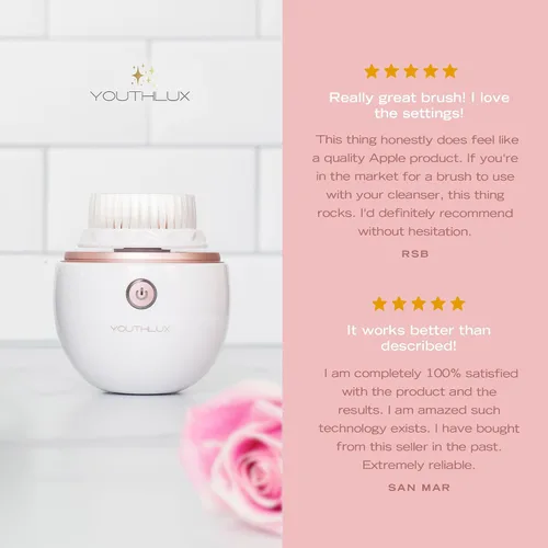 Vista 6 de YouthLab Pure Radiance, cepillo de limpieza facial vibratorio, eléctrico, 3 modos, 3 cabezales de cepillo (2 cerdas, 1 silicona), impermeable, Oro