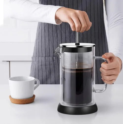 Vista 2 de Cafetera de prensa francesa, sistema de filtración de 3 niveles de vidrio resistente al calor, tetera de vidrio de borosilicato, tetera de vidrio