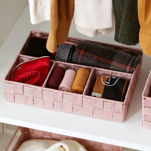 Vista 3 de Cesta decorativa dividida con correa tejida, cubos de almacenamiento de baño con compartimento, contenedor de organización de dormitorio con 4 Rosa