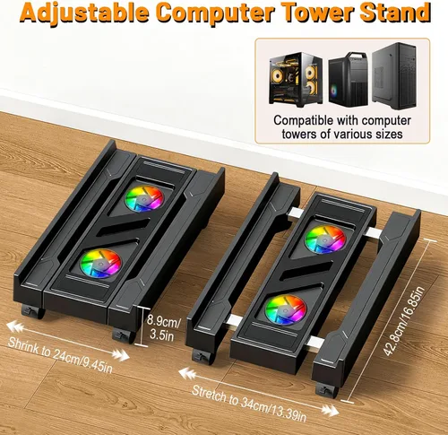 Vista 2 de Tendak Soporte de torre ajustable para computadora con ventilador de refrigeración, soporte de suelo móvil para CPU con 4 ruedas giratorias