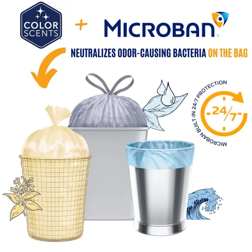 Vista 4 de Color Scents Bolsas de basura altas para cocina, 13 galones, 100 bolsas (1 paquete de 100 unidades), cordón - Bolsa blanca en lavanda + aroma a