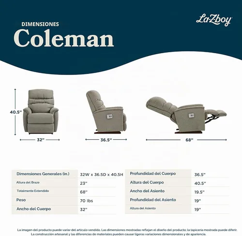 Vista 3 de La-Z-Boy Coleman Power - Silla reclinable mecedora, color gris