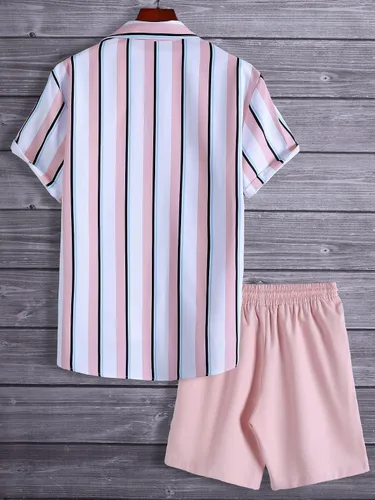 Vista 2 de SHENHE Conjunto de 2 piezas para hombre, camisa y pantalones cortos de manga corta con botones a rayas