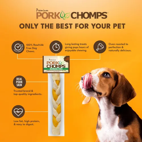 Vista 3 de Pork Chomps Piel de cerdo asada para masticar para perros, trenza de 8 pulgadas, sabor a mantequilla de maní, 1 unidad Oven-baked from real pork