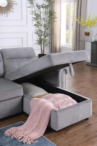 Vista 10 de Ashton - Sofá seccional reversible de tela de terciopelo gris