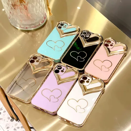 Vista 5 de Compatible con el teléfono 12 - Bonita funda para mujer, funda de lujo chapada en 3D con corazón de amor, funda protectora de TPU suave y delgada