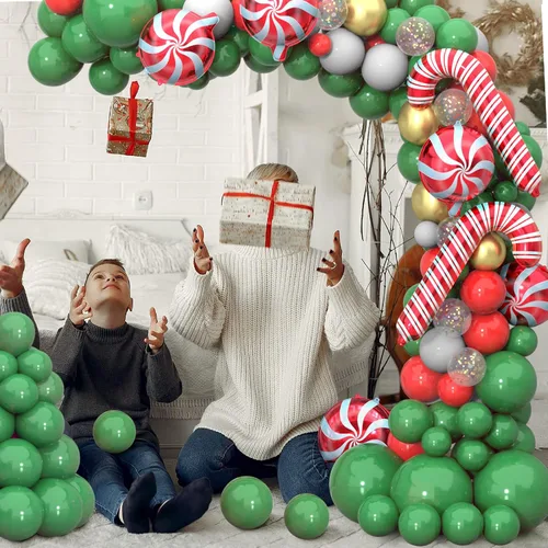 Vista 7 de Kit de arco de guirnalda de globos de Navidad, 150 unidades con globos de aluminio de caramelo de Navidad, verde, rojo, blanco, dorado, globos