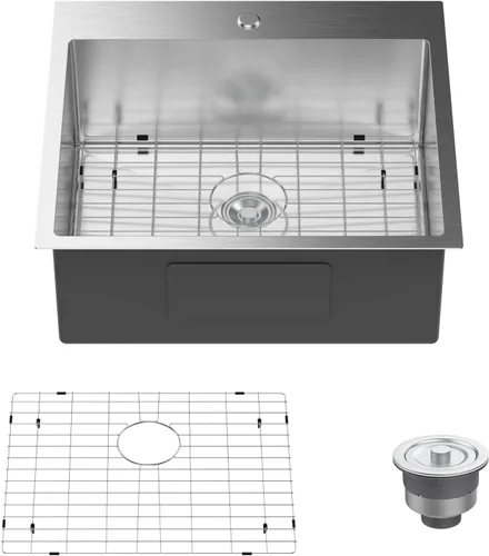 Vista 2 de Bonnlo Fregadero de cocina de 25 pulgadas de montaje superior, fregadero de cocina de estilo granja con protector de fregadero de calibre 18