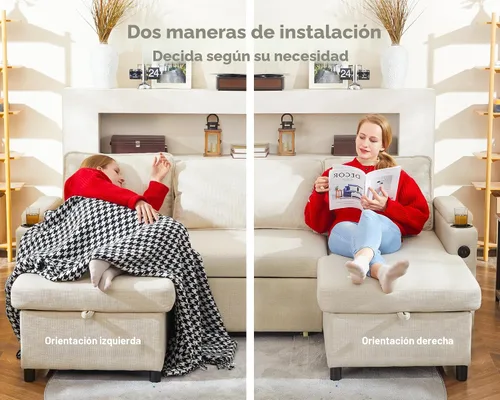 Vista 6 de Sofá cama extraíble 2 en 1 sofá cama seccional sofá en forma de L con almacenamiento Sofás convertibles para sala de estar, puertos de carga USB
