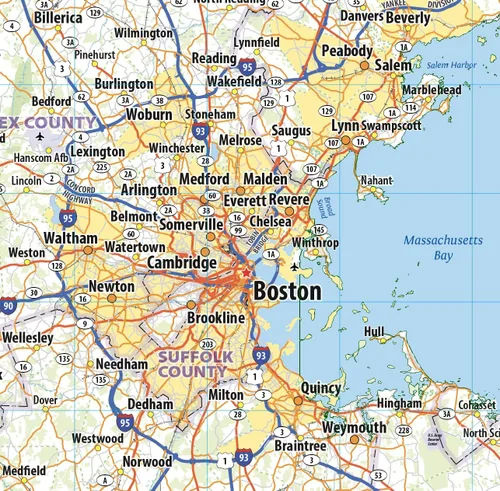 Vista 2 de Mapa de pared laminado de Massachusetts (36 pulgadas de ancho x 23 pulgadas de alto)