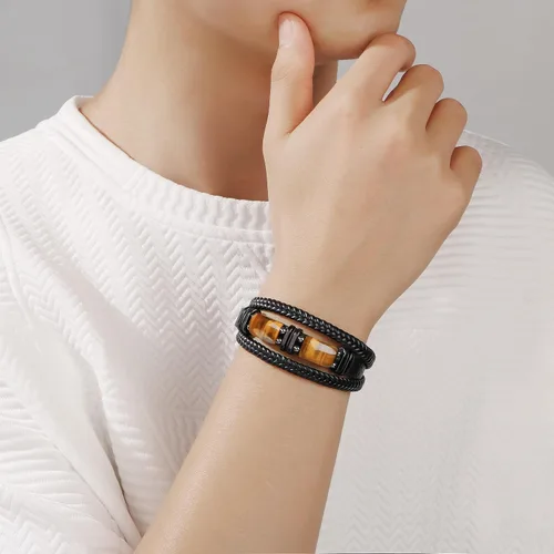 Vista 3 de Mens Leather Bracelets for Him Son Birthday Gift for Boyfriend Husband Brother Father's Day Gifts for Dad To My Men Bracelet with 2 Tiger Eyes for