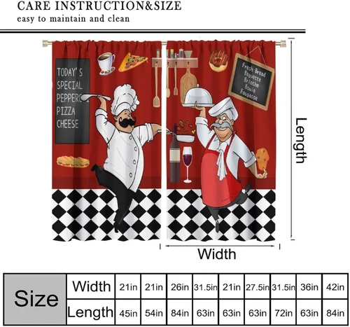 Vista 4 de Cortinas de cocina de chef, cortinas de cocina con tema de cocinero gordo para dormitorio, sala de estar, juego de 2 paneles de cortina de cocina a
