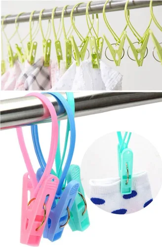 Vista 2 de 12 pinzas de clip para ropa, clip de cuerda multicolor, línea de ropa para colgar, resistente al viento, para colgar calcetines, clavija de secado