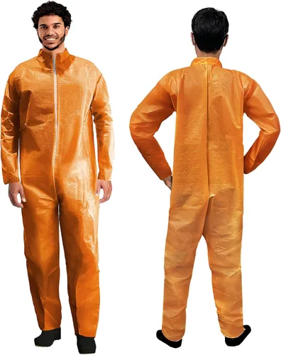 Vista 8 de AMZ Medical Supply Overol desechable naranja para hombres/mujeres, grande. Traje de material peligroso desechable. Overol transpirable de PP+PE