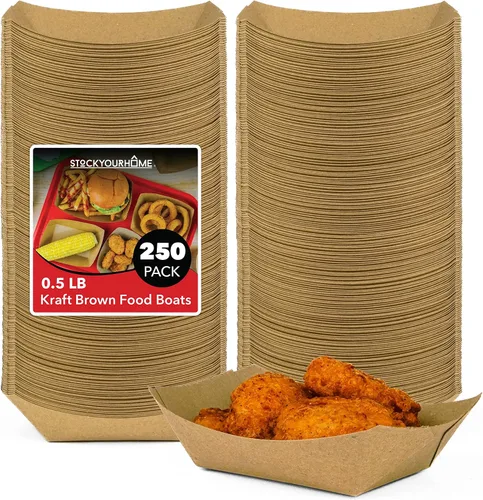 Vista 11 de Paquete de 250 bandejas desechables medianas de papel kraft marrón para alimentos, bandeja de concesión de 1 libra, botes para servir aperitivos