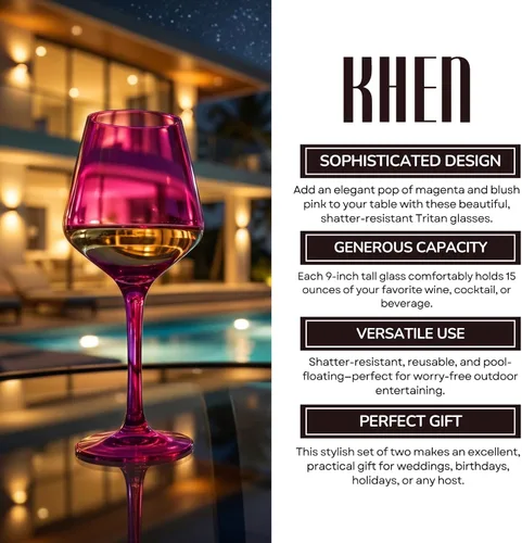 Vista 5 de Copas de vino de color rosa intenso irrompibles, flotantes para piscina, juego de 2 unidades, vasos Tritan, color magenta irrompible y rosa rubor