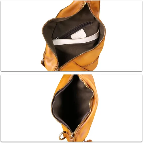 Vista 7 de Bolso bandolera de cuero genuino para motocicleta, bolso hecho a mano, mochila de senderismo, mochila de hombro retro vintage, Marrón claro , M