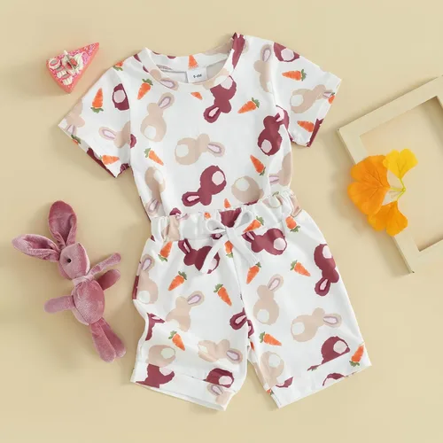 Vista 6 de Muasaaluxi Traje de Pascua para bebé, niña, niño, camiseta de manga corta con diseño de conejo, zanahoria, pantalones cortos para correr, 2 piezas
