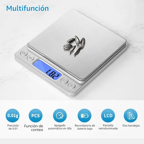 Vista 5 de Balanza digital de cocina, de bolsillo. Pesa desde 0.01 hasta 500 gramos. Balanza de precisión, portátil, para pesar alimentos, joyas