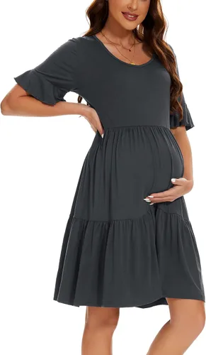 Vista 7 de Smallshow Vestido de maternidad para mujer, con volantes, manga corta, ropa de embarazo de verano Verde militar