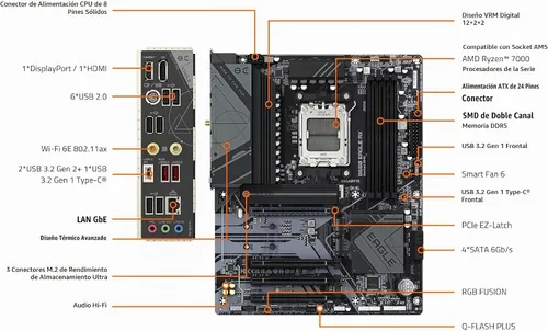 Vista 7 de GIGABYTE B650 Eagle AX AM5 LGA 1718 ATX placa base, DDR5, ranuras triple M.2 (1 PCIe 5.0, 2X PCIe 4.0), USB 3.2 Gen2x2 Tipo-C, WiFi 6E, Realtek GbE