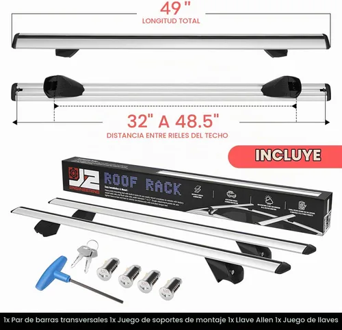 Vista 2 de J2 Engineering J2-RR-120-WH - Par de portaequipajes de aluminio de 49 pulgadas para rieles elevados con bordes en ángulo, universal, ajustable de 32