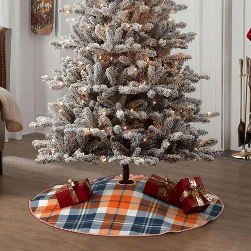 Vista 6 de Falda de árbol de Navidad de 30 pulgadas, naranja y azul, patrón deportivo a cuadros, falda de árbol de Navidad para fiestas de vacaciones