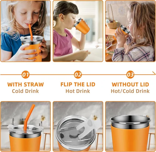Vista 5 de Tazas para niños con tapas y pajitas, 5 paquetes mejorados de 350 ml de acero inoxidable irrompibles con funda colorida, tazas a prueba de derrames