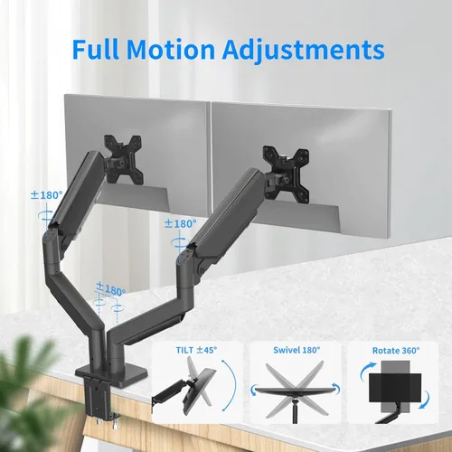 Vista 4 de Soporte para dos monitores para pantallas de 13 a 32 pulgadas, brazo de monitor con resorte de gas con giro, inclinación, rotación, altura