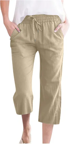 Vista 15 de Ceboyel Pantalones capri para mujer para verano, cintura elástica, pantalones de yoga, con cordón, pantalones de lino, pantalones de entrenamiento