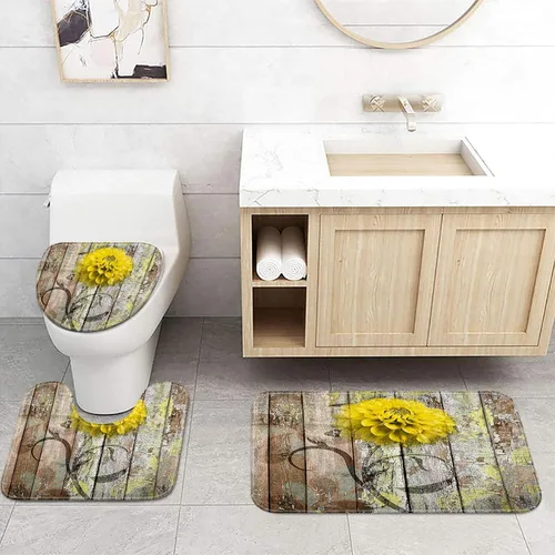 Vista 42 de JAWO Alfombra de baño con flores de granja, dalia en tablones de madera rústica, juego de tapetes de baño con flores azules, en forma de U