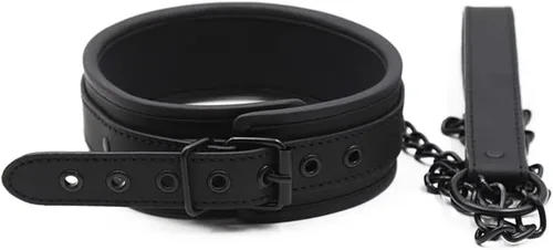 Vista 2 de Juego de collar ajustable para cosplay, collar de cuero, collar de cadena y correa para escenario, gargantillas punk., Cuero, No es una piedra